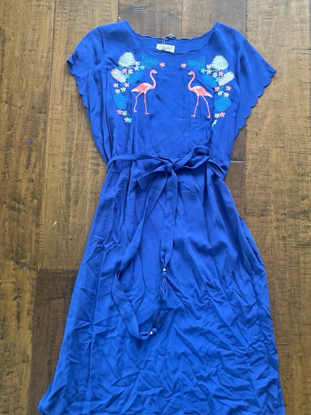 Sugarhill Brighton royal blue100% viscose midi summer dress with pink flamingos
